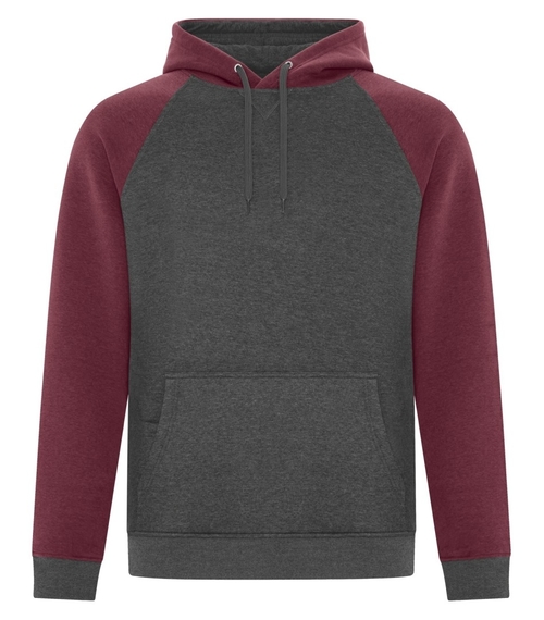 Custom two tone hooded sweatshirt with raglan sleeve design, device pocket and front pouch pocket.