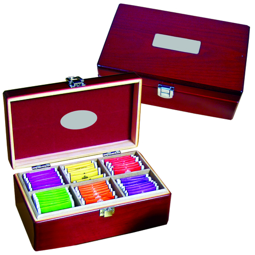 Custom mahogany pinewood box tea set which includes 72 Twinings tea bags.