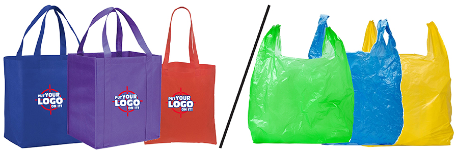 Comparison of canvas tote bags for customization with design and logo with coloured plastic bags for grocery items.