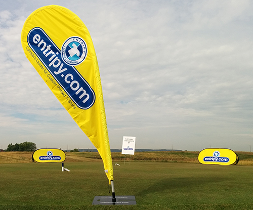 Entripy signage branded with yellow & blue for increasing brand awareness.