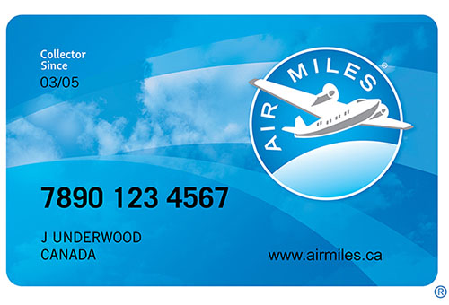 AirMiles credit card showing collector's number and name to get miles for custom apparel orders.