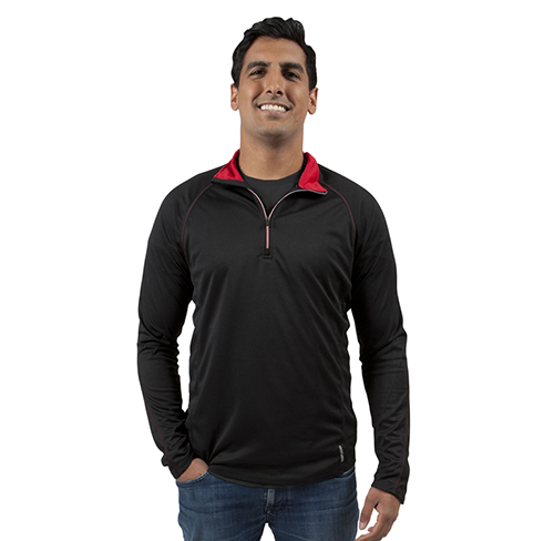 Colour-block red collar with black quarter-zip custom long sleeve shirt is 100% polyester perfect printing canvas for custom embroidery.