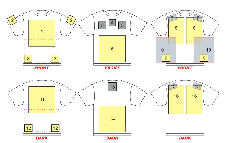 Layout options of customizing t-shirts decorated with screen-printing.