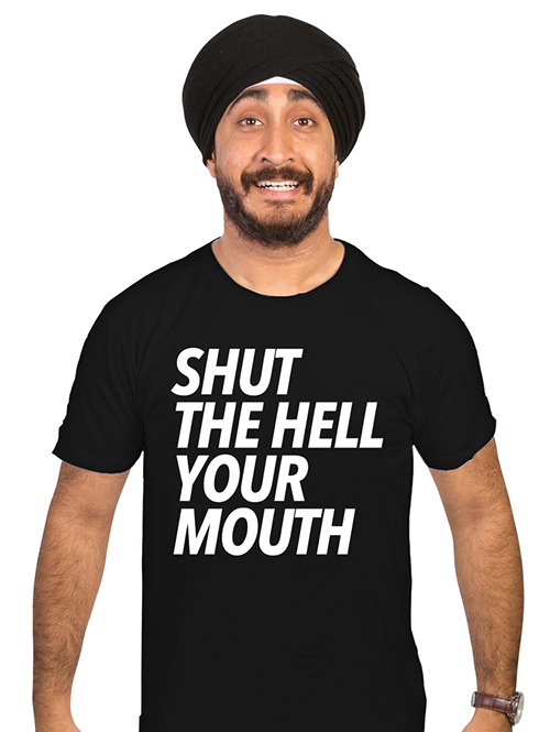 Jus Reign wearing black customized t-shirt with popular tagline printed on the t-shirt.