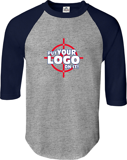 Navy blue and grey NAFTA friendly custom baseball t-shirt with custom logo.