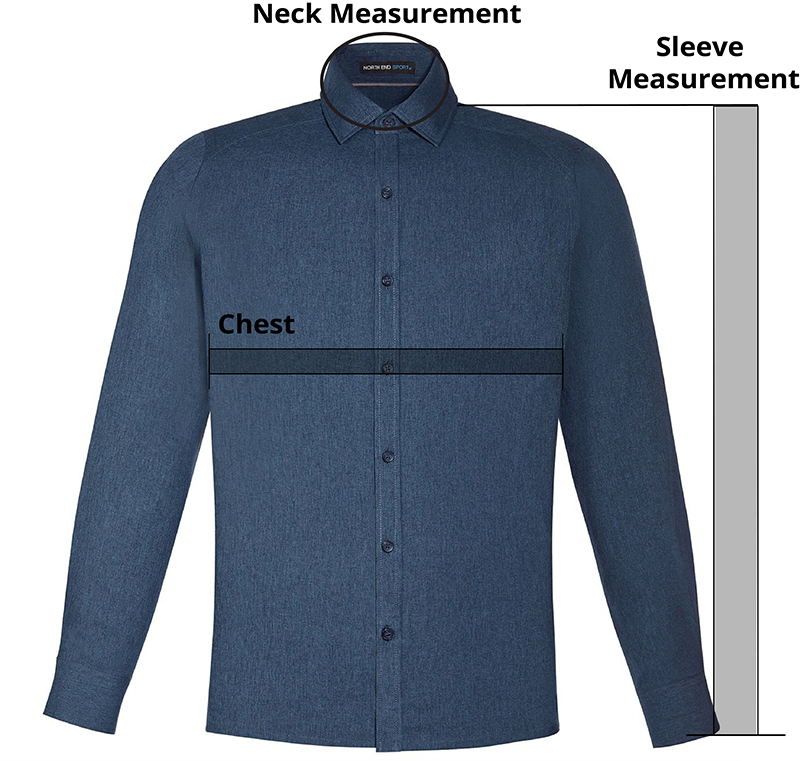 Custom uniforms with collar shirts contain measurements of neck, sleeve and chest with sizes ranging from small to large.