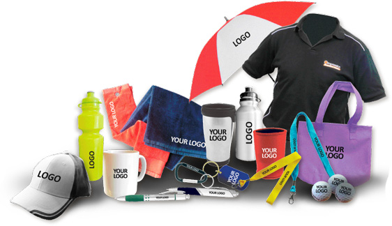 Display of promotional products for giveaways including custom golf shirts, tote bags, custom caps and more.