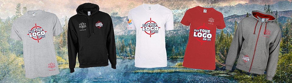Canada 150 logo displayed on custom t-shirts & custom sweatshirts for customers to print on their custom apparel.