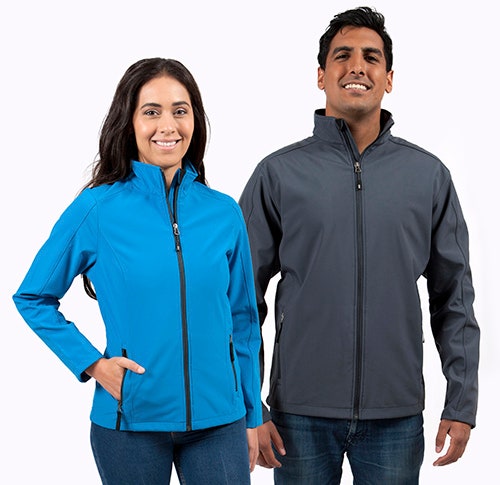 Soft shell custom jacket worn by male and female in the colour blue and grey.