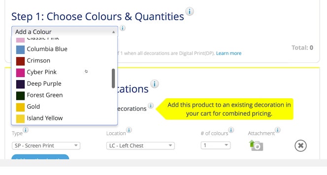 Screenshot of entripy.com order process of users choosing the colour for their custom apparel orders.