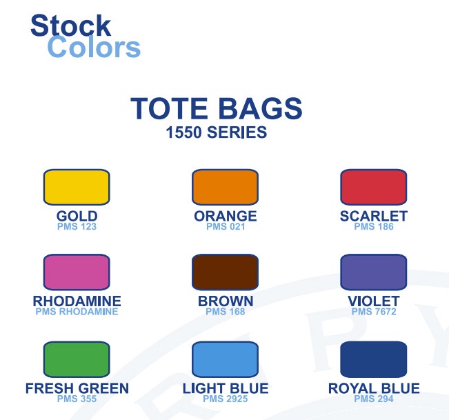 Various stock colours displayed to choose from for custom printed tote bags.