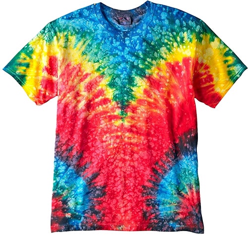 Colourful tie dye custom t-shirt offered to be screen printed with custom designs and logo.
